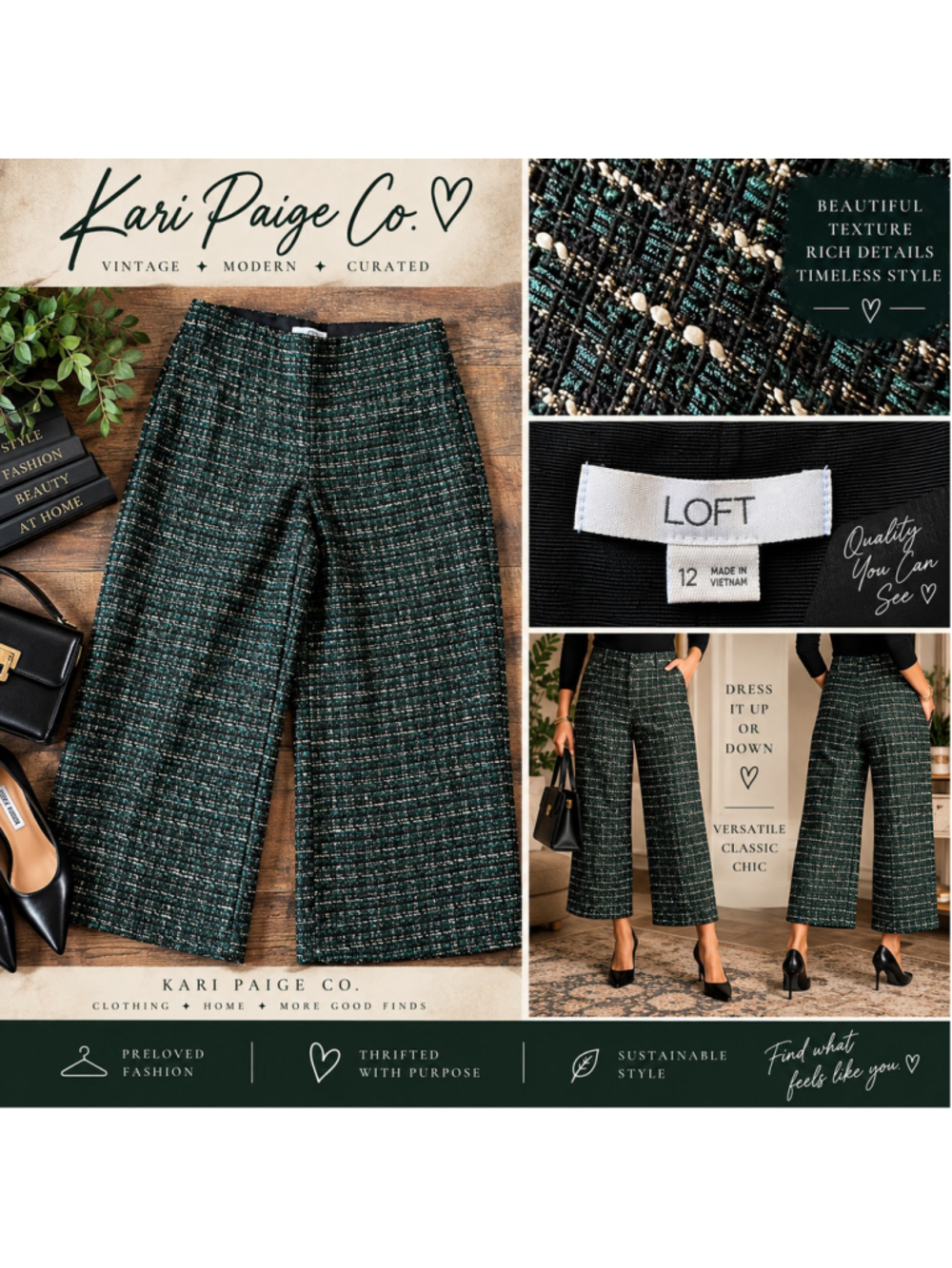 Women's LOFT Wide Leg Pants Size 12 Green Black Tweed F26